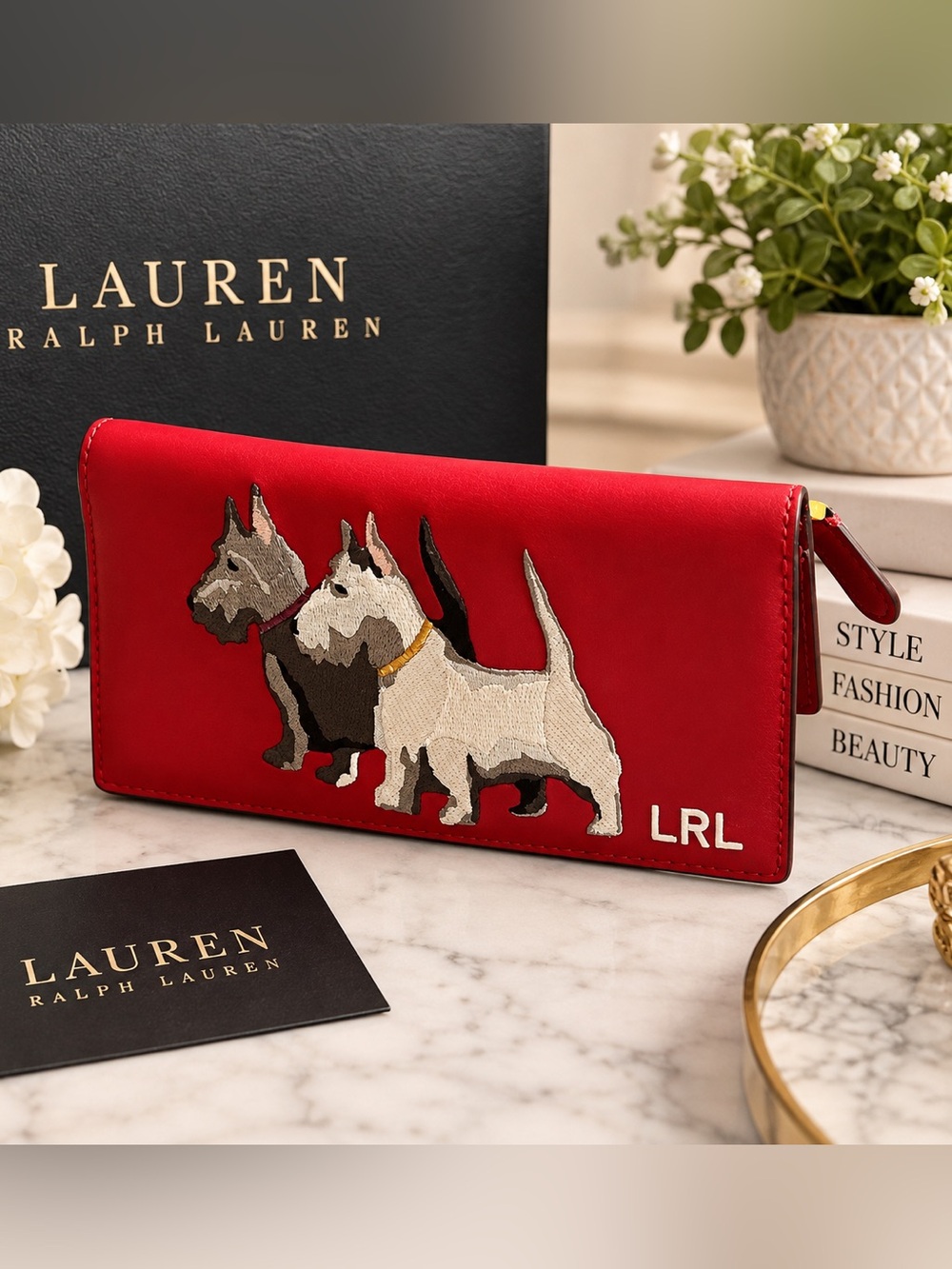 Lauren Ralph Lauren Red embroidered Scottie Dog slim Wallet Novelty Wristlet